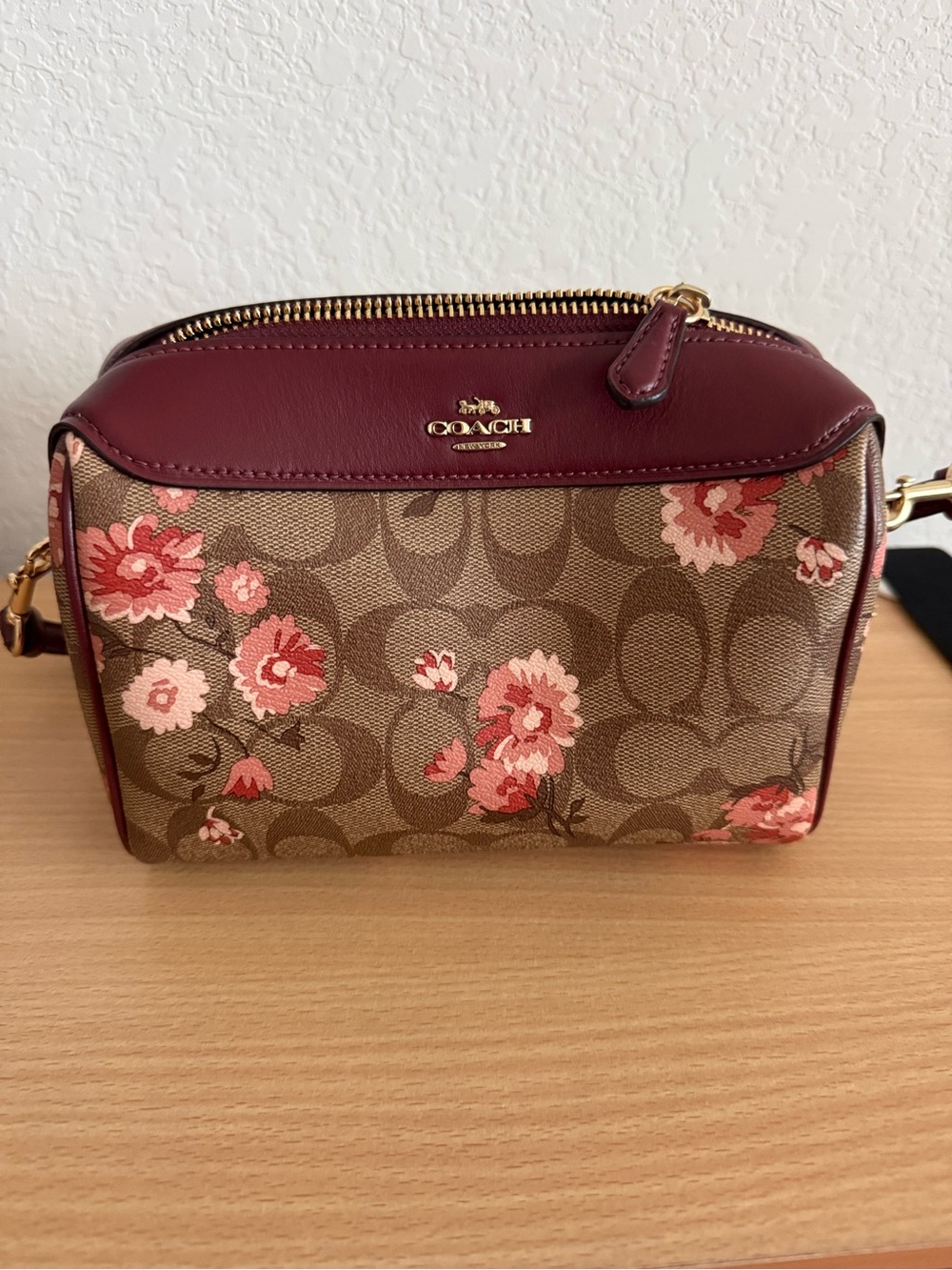 Coach Signature Floral Canvas Crossbody in Burgundy and Pink